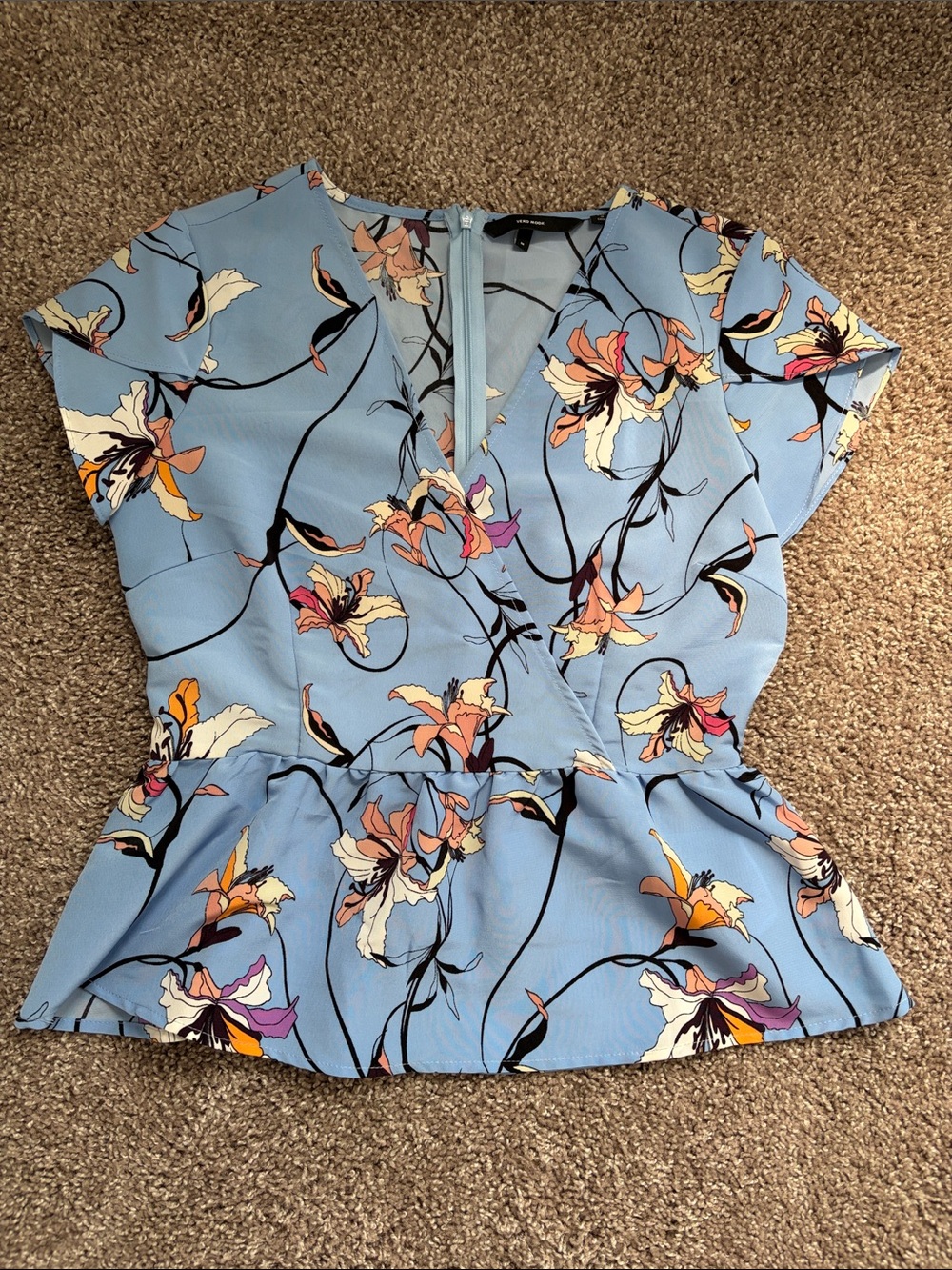 Sky Blue Floral Print Cap Sleeve Peplum Top